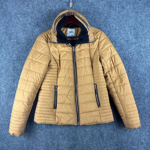 Only Jackets & Blazers - Only Jacket Womens Medium On Balance Gold Puffer Hidden Hood Full Zip Pockets